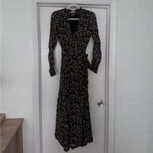 Ganni Black and Yellow Floral Long Sleeve Dress Midi / Maxi Wrap Dress